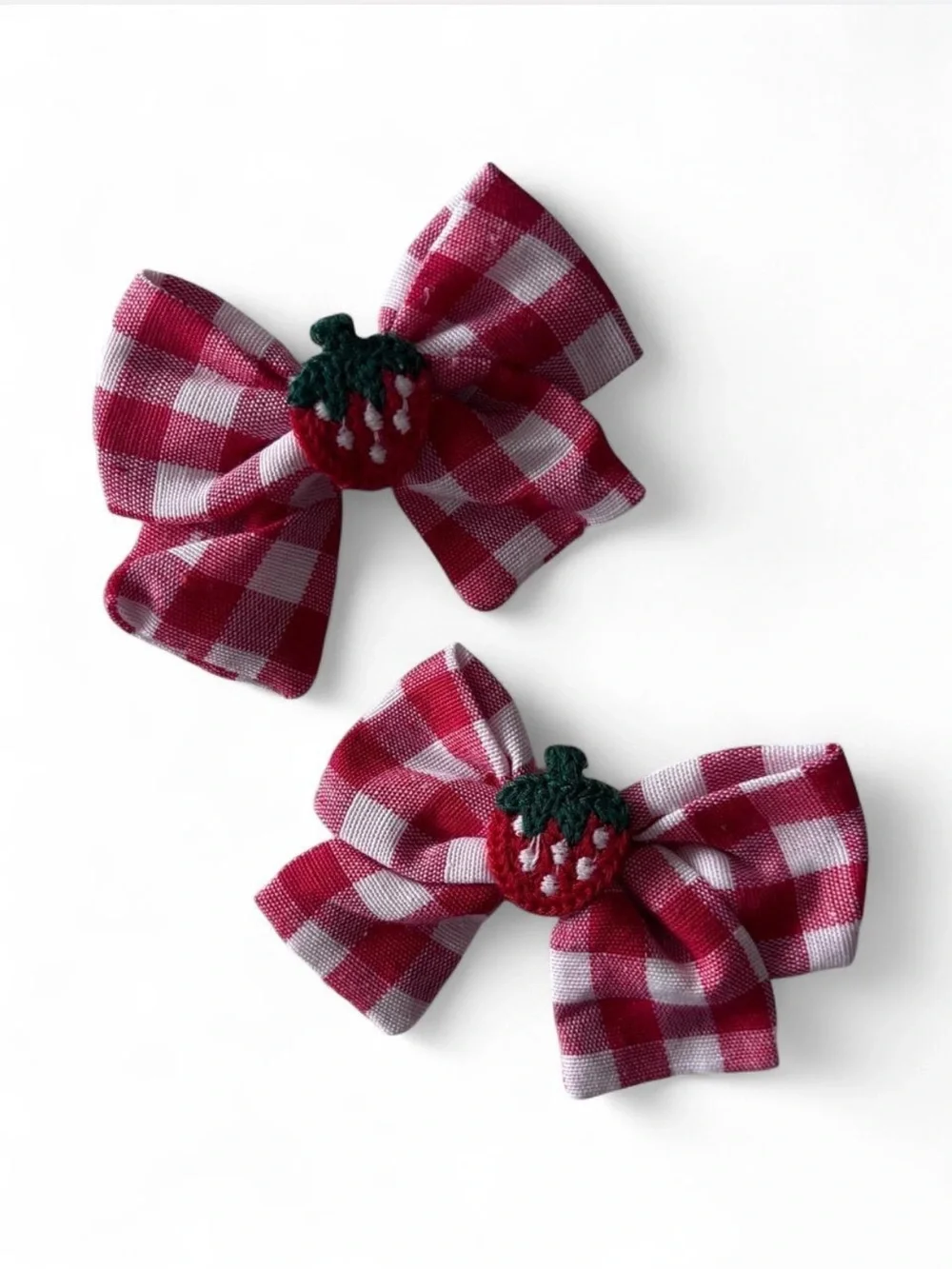 Red Gingham Strawberry Bow Hair Clips Set